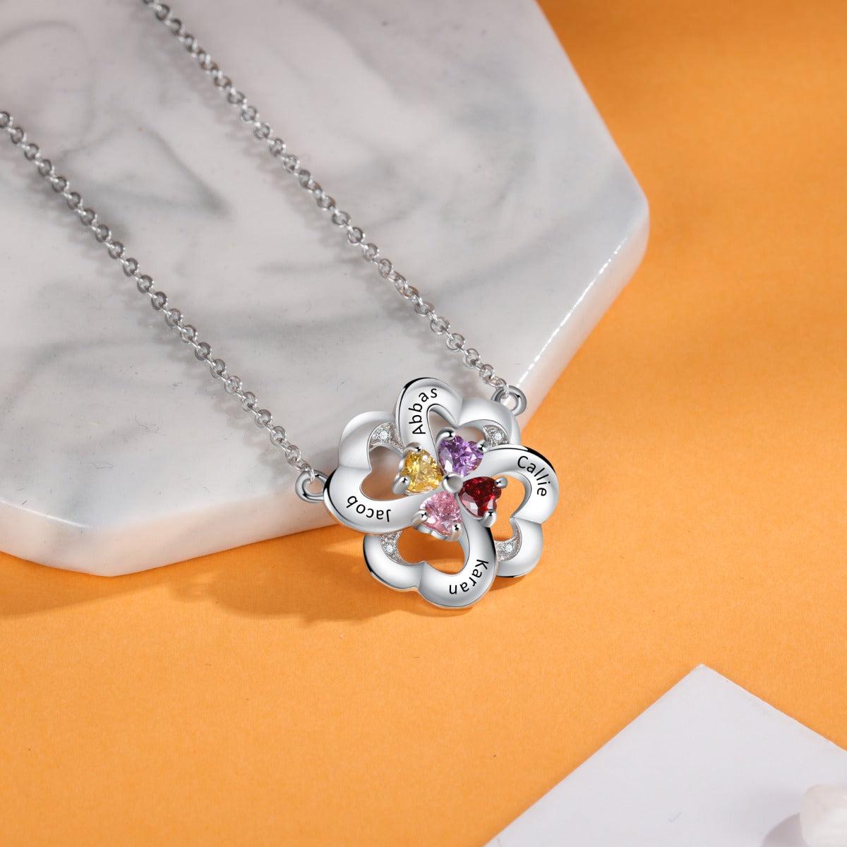 Mother’s Day flower necklace personalised with heart gems