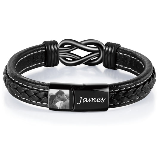 Personalised men’s leather bracelet with engraved photo and name