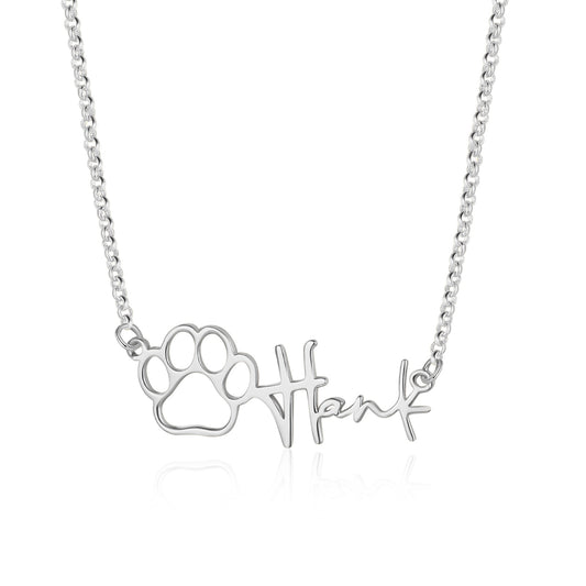 Personalised name necklace with paw design for pet lovers.
