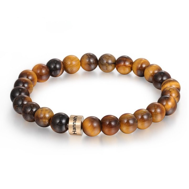  Tiger eye beaded men’s bracelet with engraved 1 gold bead.