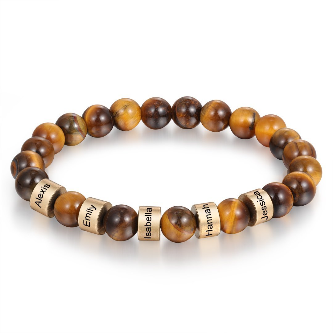  Tiger eye beaded men’s bracelet with engraved 5 gold beads.