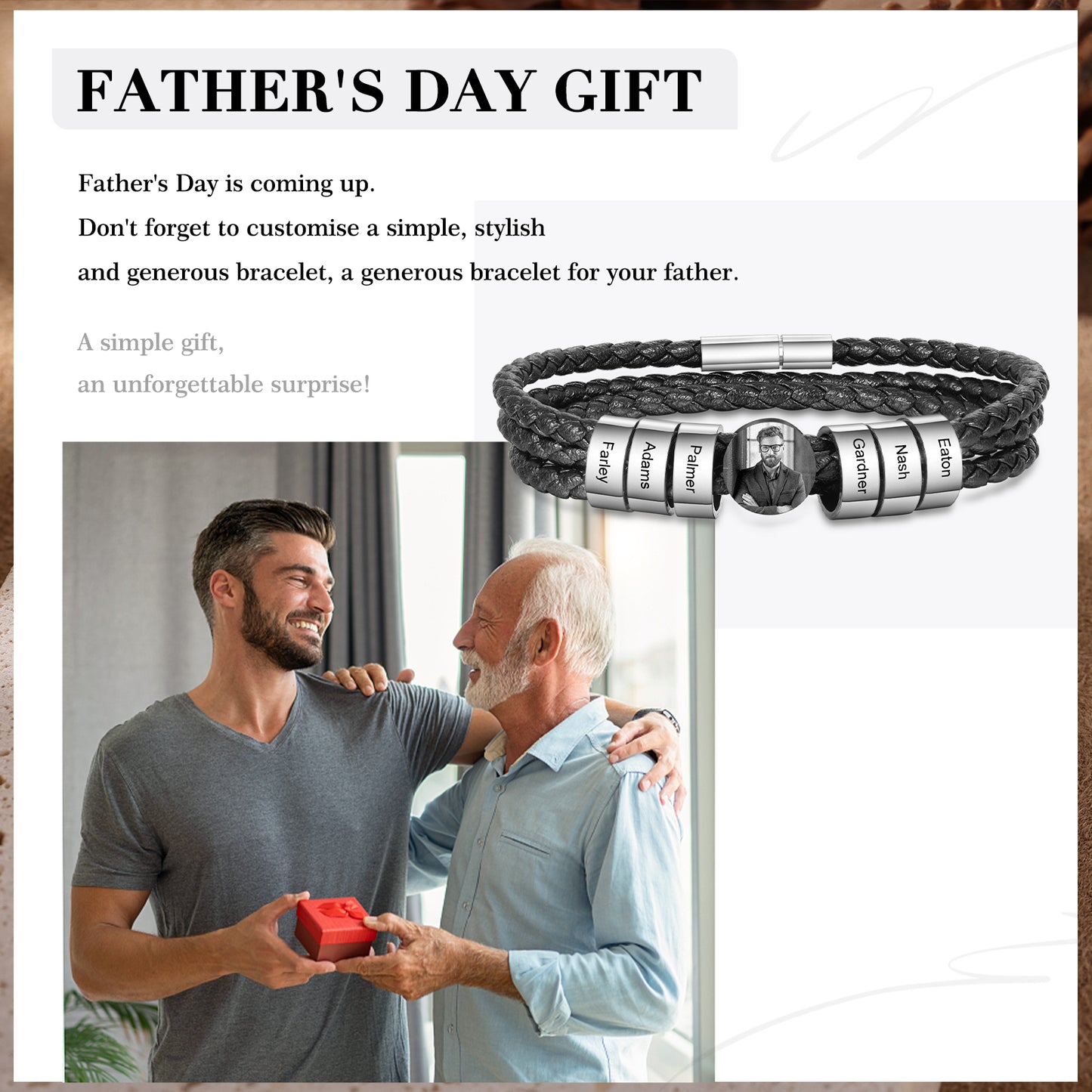 Personalised Photo Leather Bracelet For Men with Engraved Charms | Bespoke Leather Bracelet For Men With Photo | Customised Gift for Dad | Father's Day Gift Idea