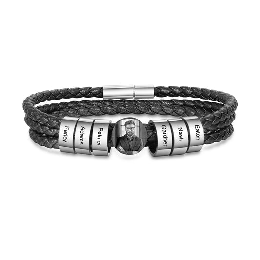 Personalised Photo Leather Bracelet For Men with Engraved Charms | Bespoke Leather Bracelet For Men With Photo | Customised Gift for Dad | Father's Day Gift Idea