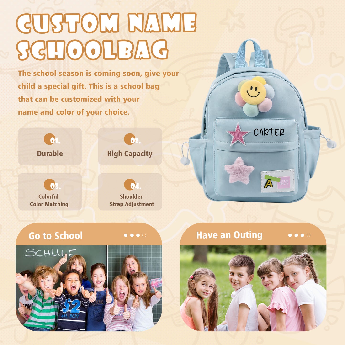 Personalised School Bag for Boys and Girls , Custom Name Backpack for Children