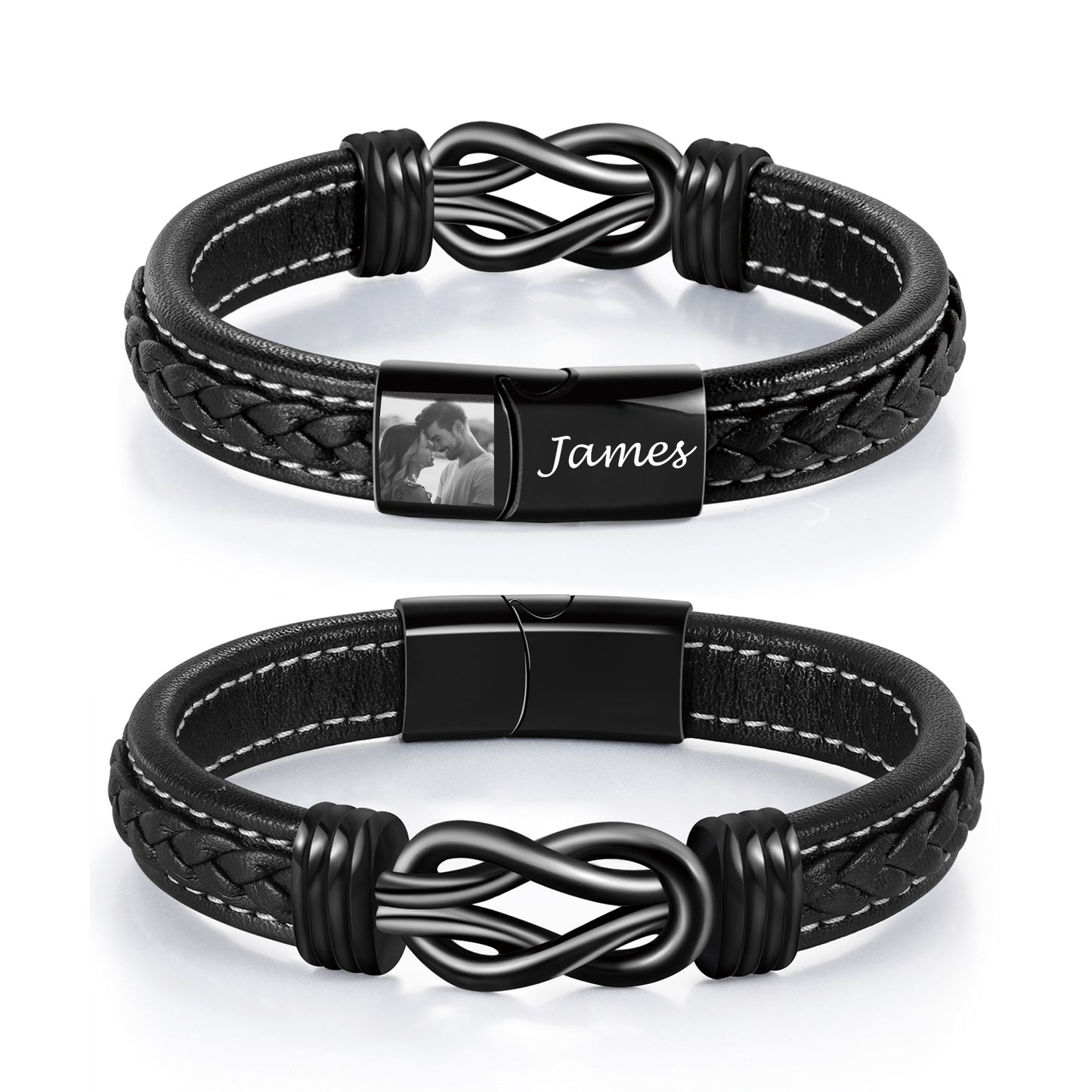Personalised Men’s Leather Bracelet with Photo & Engraved Name – Custom Stainless Steel Photo Bracelet – Christmas Gift for Husband, Boyfriend or Dad