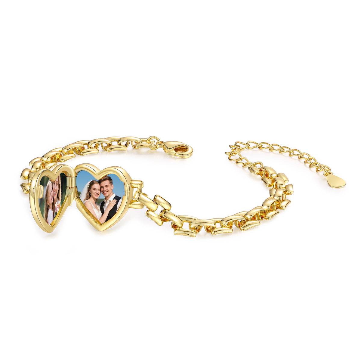 Open photo heart locket bracelet with gold-tone chain and extension on white background