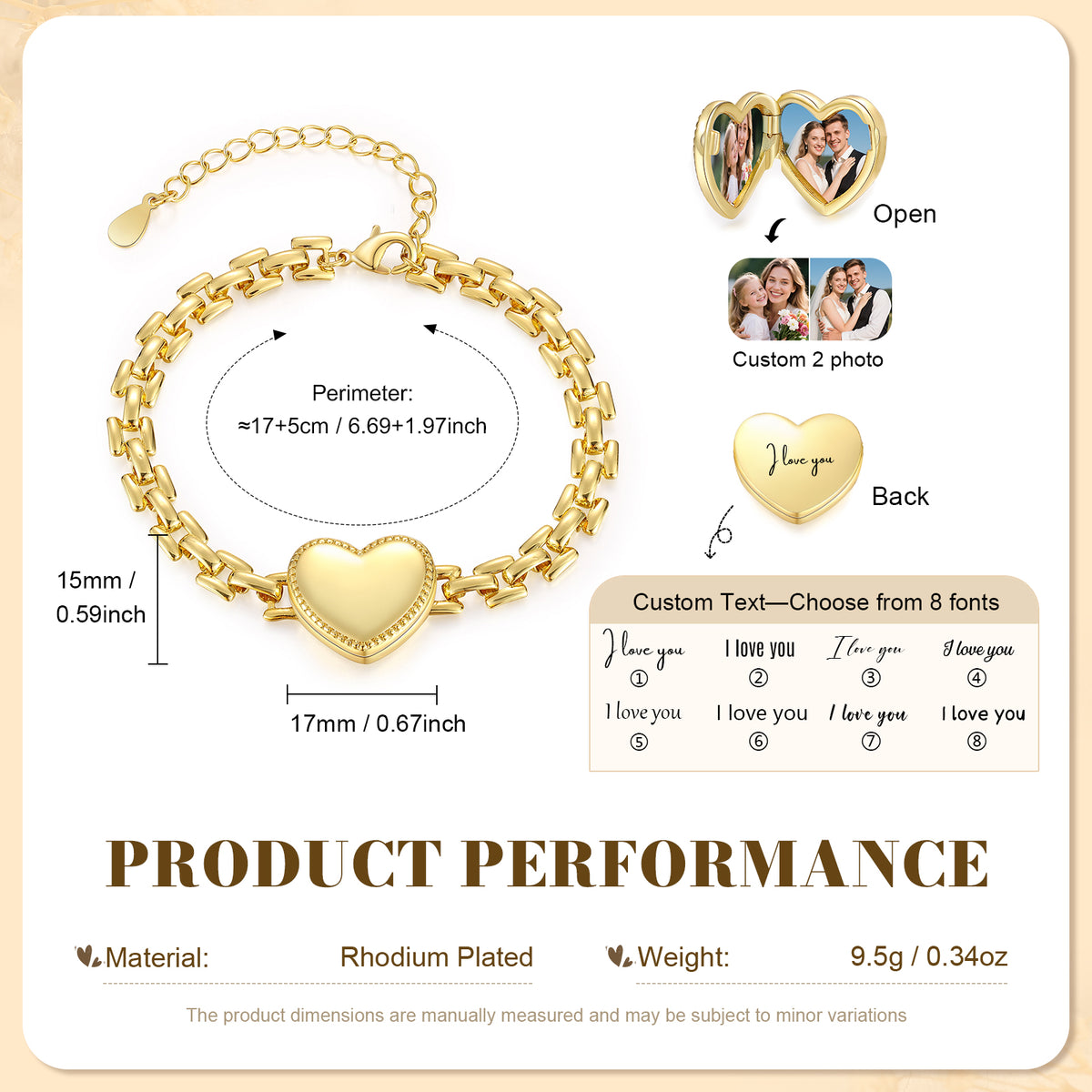 Gold-plated personalised photo heart bracelet size guide: 17 cm chain plus 5 cm extension, 17 x 15 mm locket, two photos and eight engraving fonts