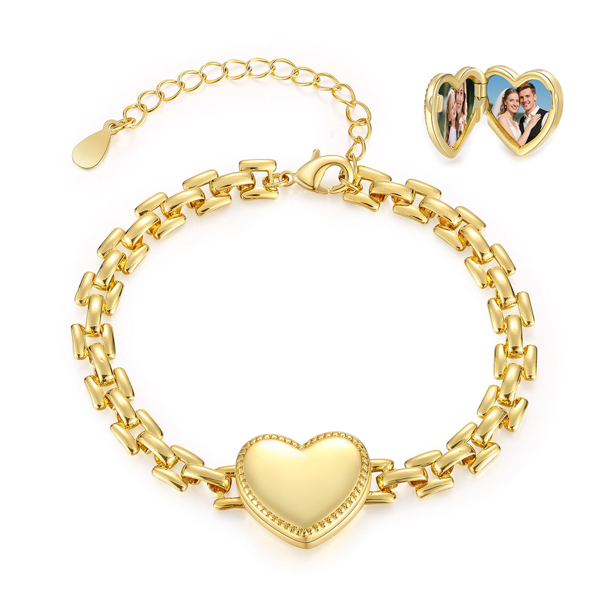 Gold-plated heart locket bracelet on white background showing closed and open photo locket