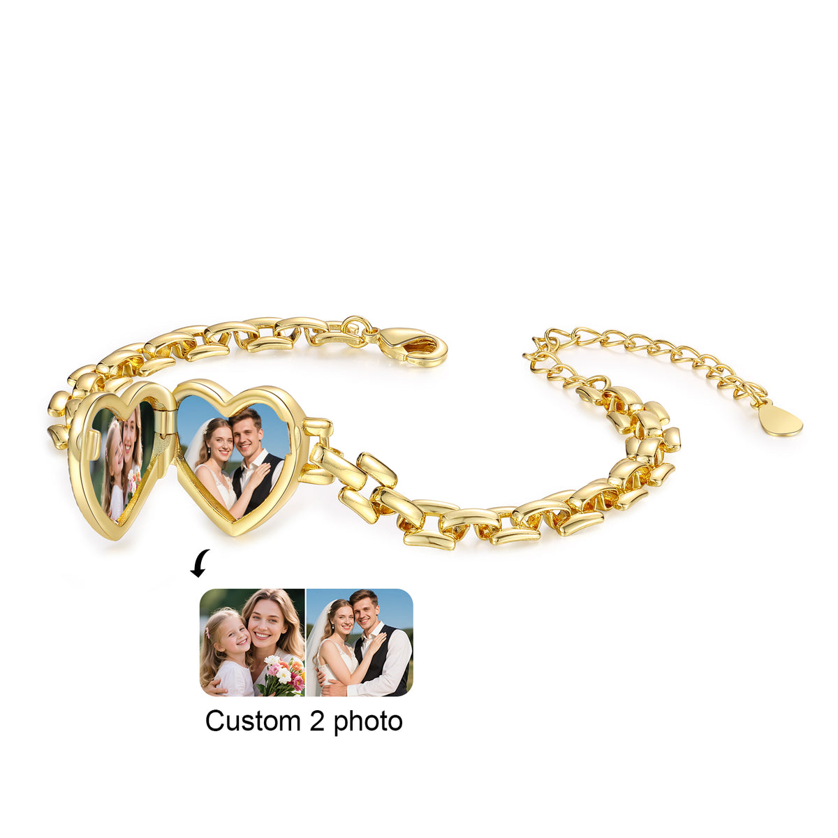 Personalised gold-plated heart bracelet with two photo inserts on white background