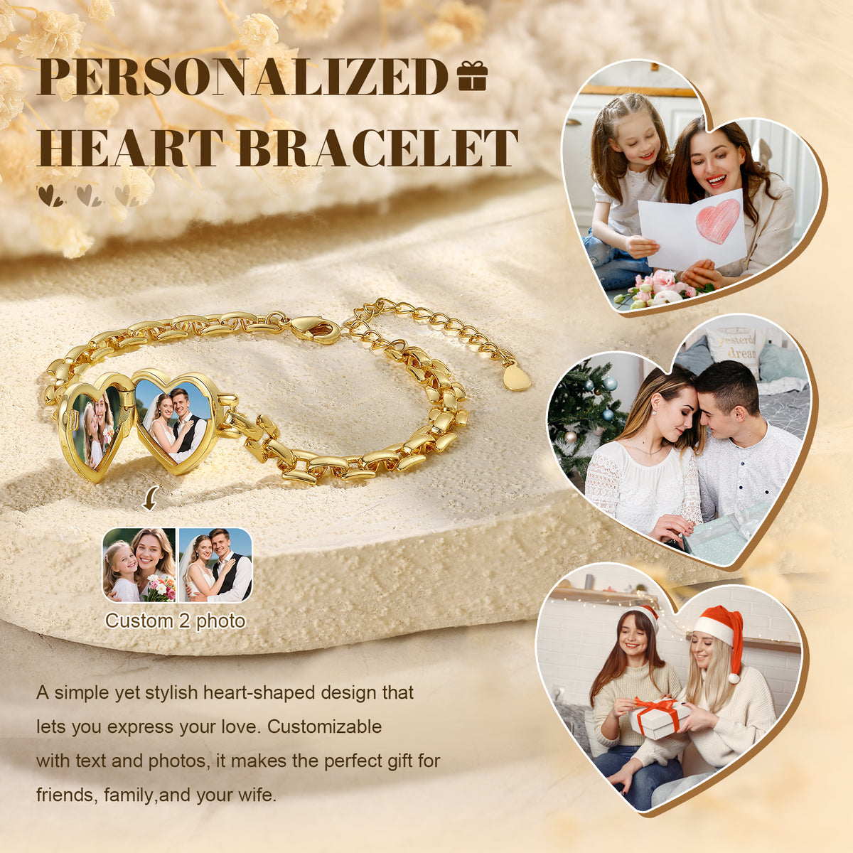 Personalised gold-plated heart photo locket bracelet with two photograph inserts and engraved message options