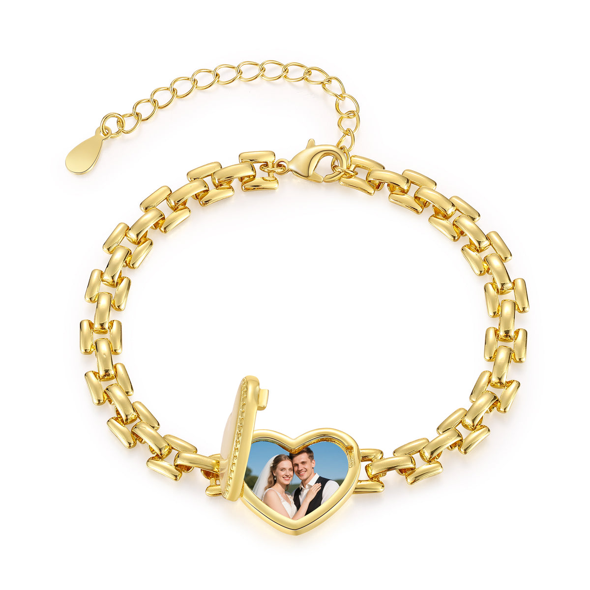 Gold-plated personalised bracelet with open heart locket holding two photographs