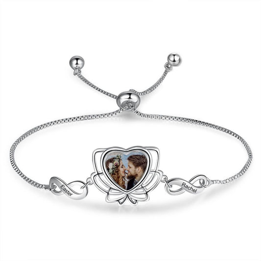 Personalised Photo Bracelet With Two Engraved Infinity Charms | Bespoke Gift For Mum