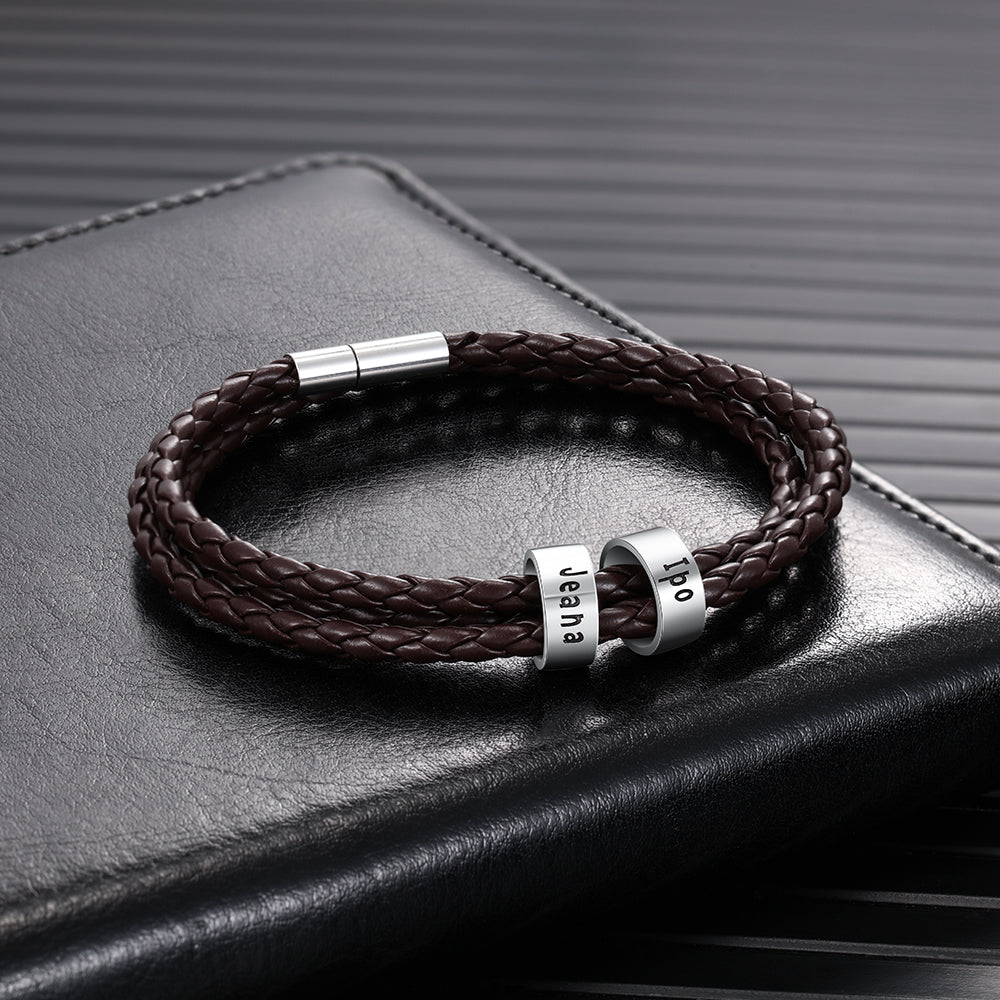 Personalised Leather bracelet for men with engraved silver beads, add up to 5 beads, bespoke gift for him