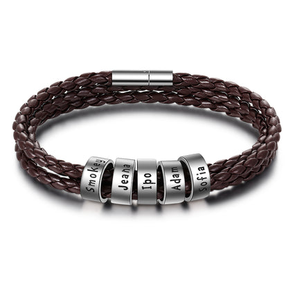 Personalised Leather bracelet for men with engraved silver beads, add up to 5 beads, bespoke gift for him