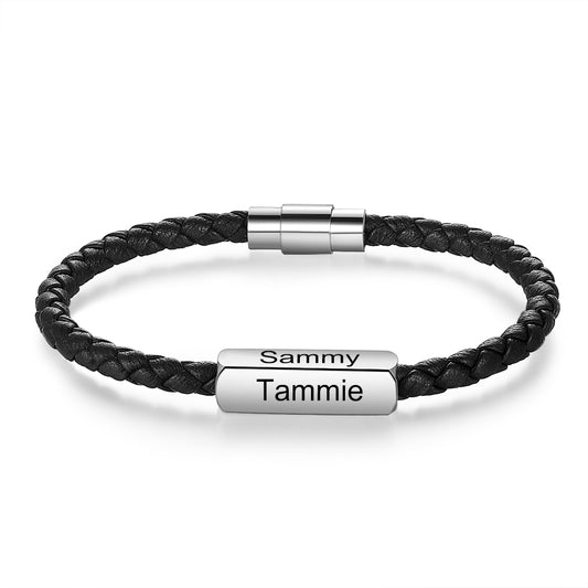 Personalised Nameplate Bracelets For Men | 4 Sided Engraved Men's Leather Bracelets | Personalised Leather Bracelets For Him | Braided Leather Bracelet For Men  Personalised Gift For Him | Personalised Gift For Men | Personalised Gift For Dad | Personalised Gift For Boyfriend   Fathers Day Gift Ideas | Anniversary Gift For Him 
