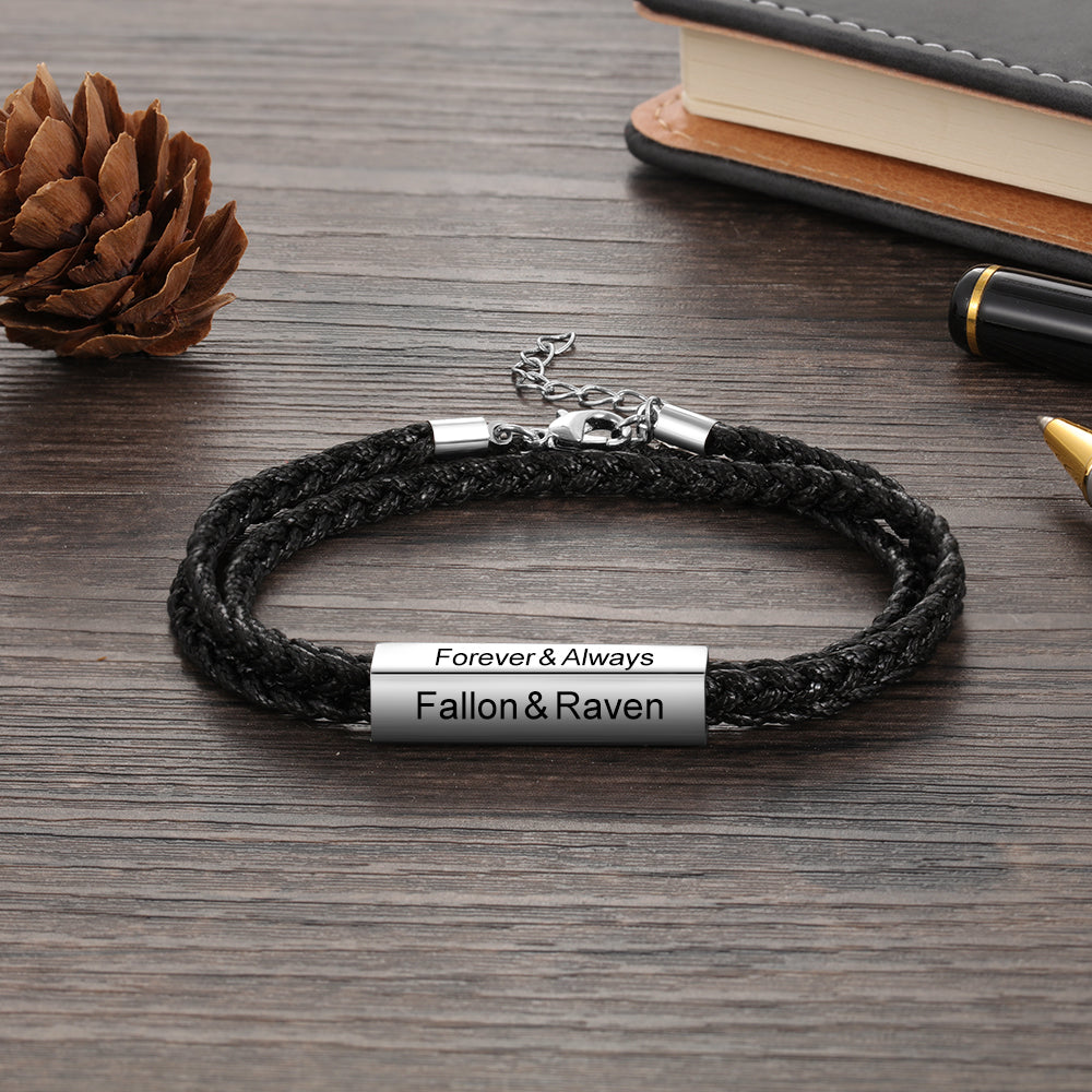 Sided Personalised Bar Name Braided Leather Bracelet For Men