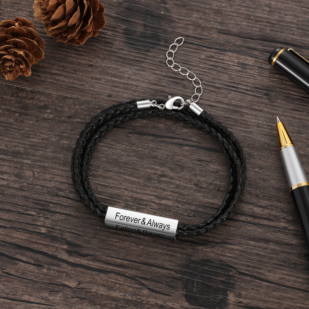 Personalised Nameplate Bracelets For Men | 4 Sided Engraved Mens' Leather Bracelets | Personalised Leather Bracelets For Him | Braided Leather Bracelet For Men  Personalised Gift For Him | Personalised Gift For Men | Personalised Gift For Dad | Personalised Gift For Boyfriend   Fathers Day Gift Ideas | Anniversary Gift For Him 