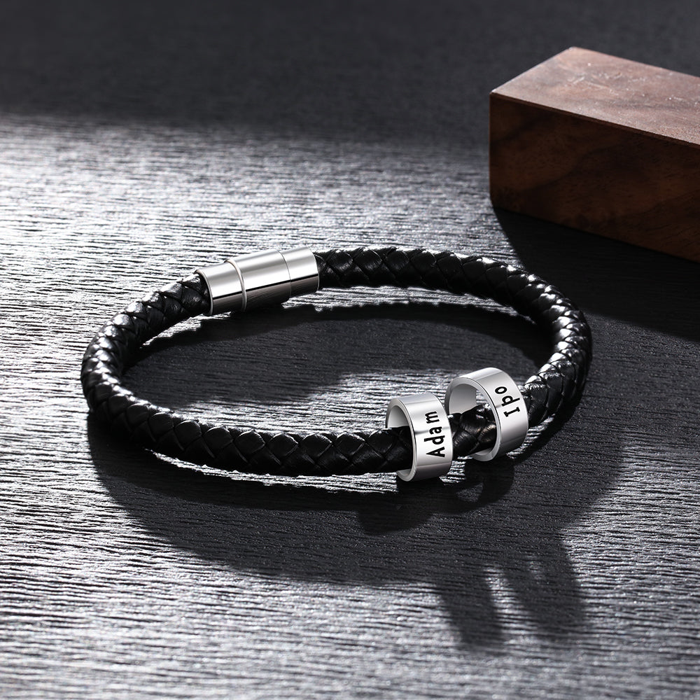 Black braided leather bracelet in gift box