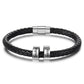 Black leather bracelet for men with silver engraved links