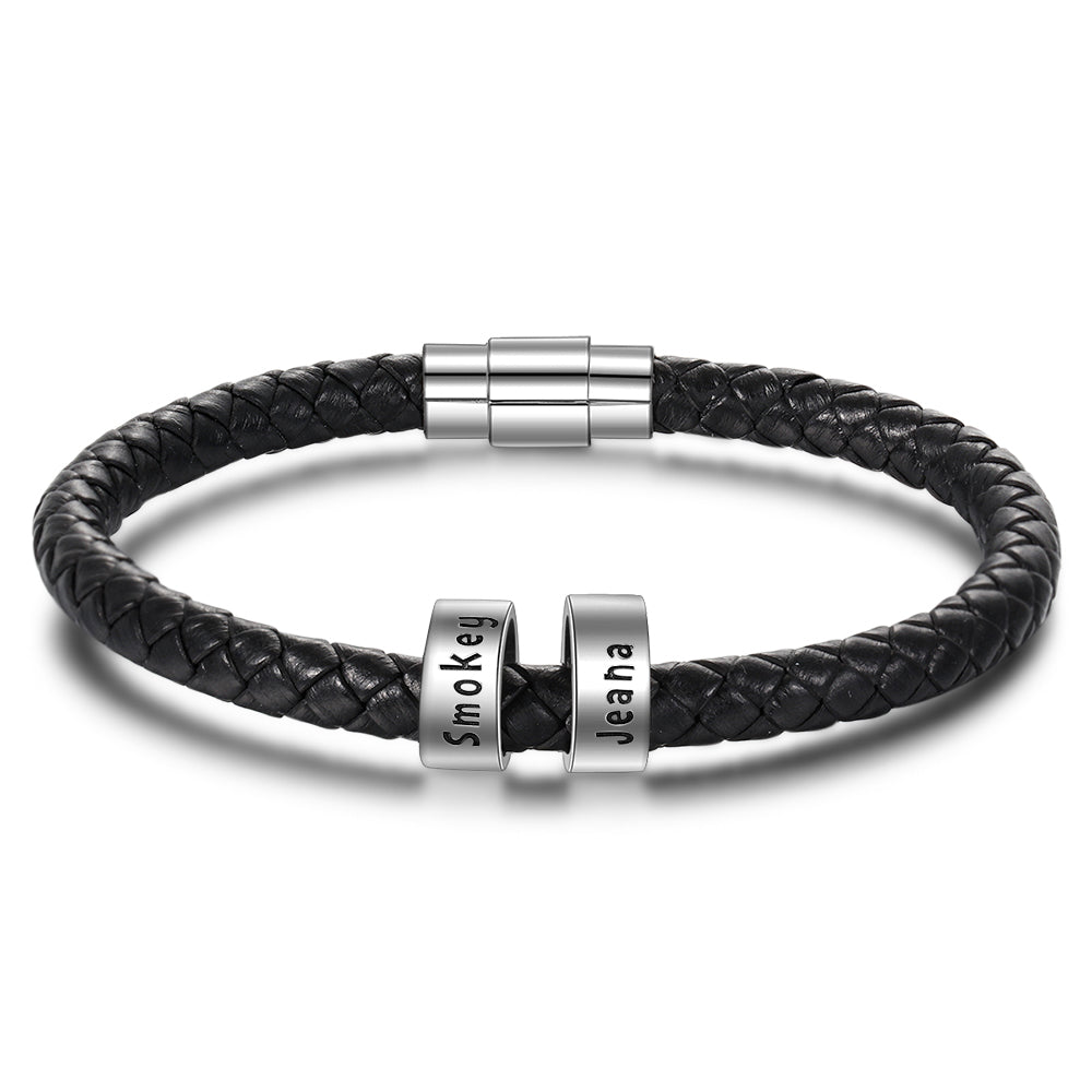 Black leather bracelet for men with silver engraved links