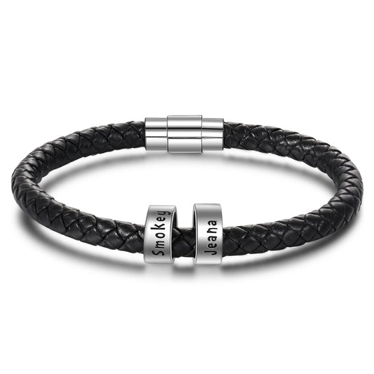 Black leather bracelet for men with silver engraved links