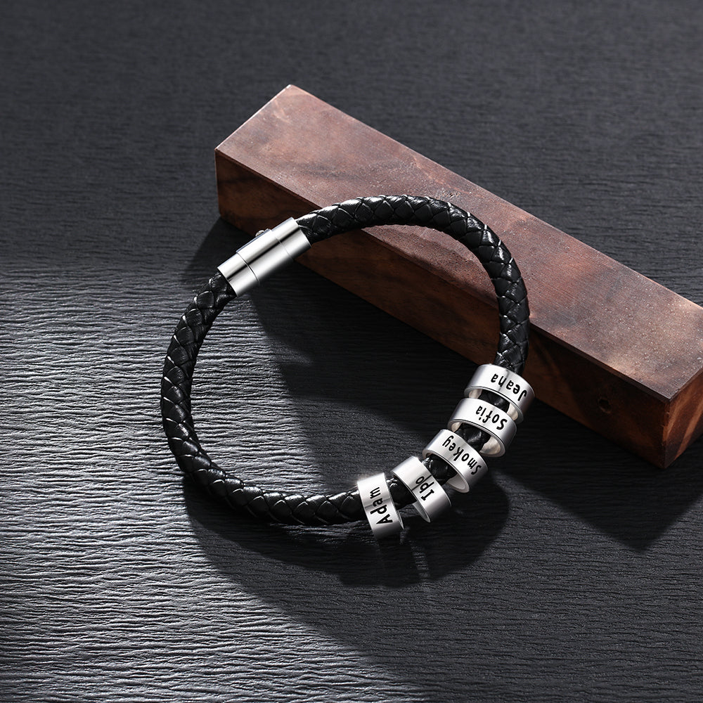Black leather bracelet with silver engraved beads for him