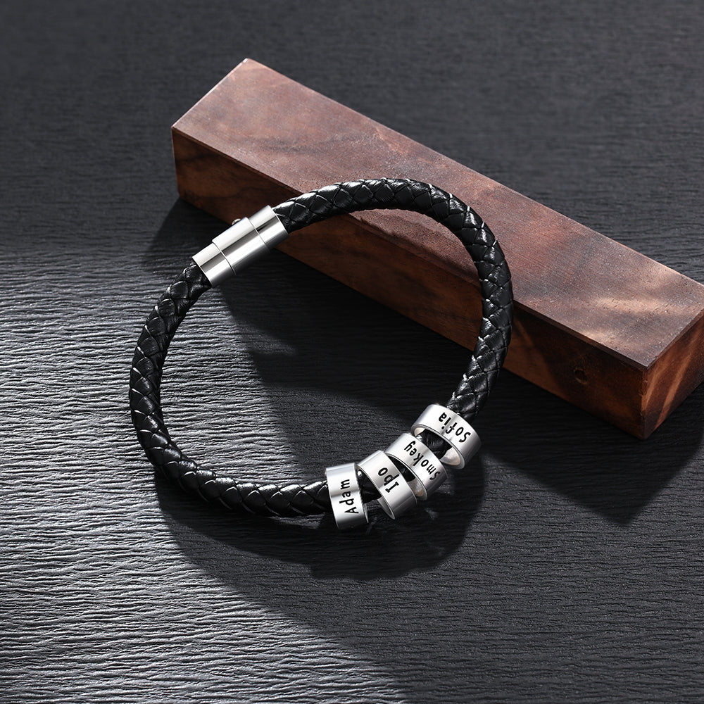 Black leather bracelet with silver engraved links for him