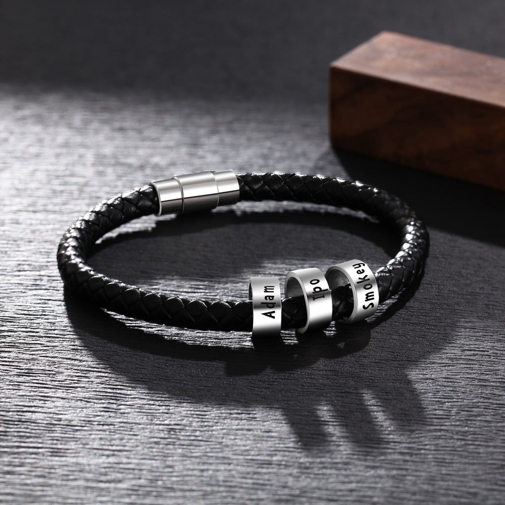 Black leather bracelet with silver engraved links for men