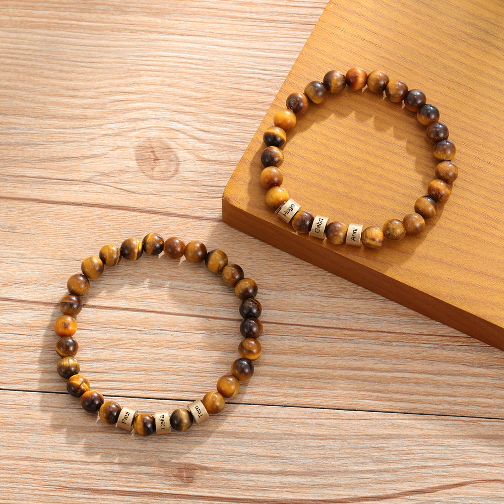 Custom name plate on tiger eye bead bracelet