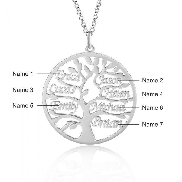 Engraved family tree necklace with personalised 7 names