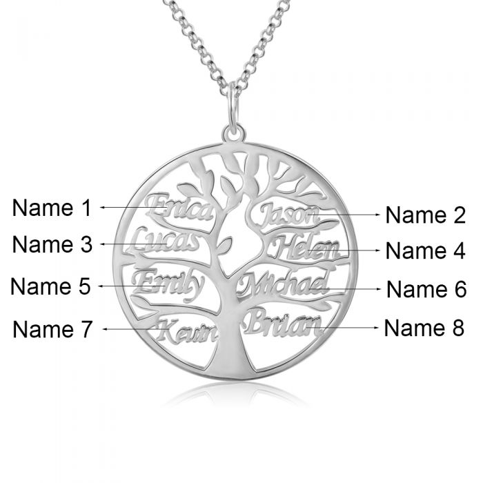 Engraved family tree necklace with personalised 8 names