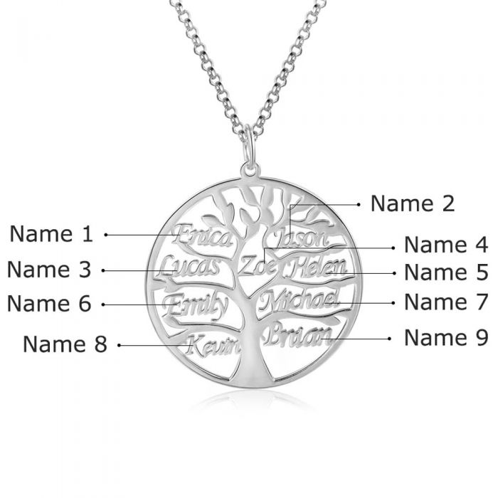 Engraved family tree necklace with personalised 9 names