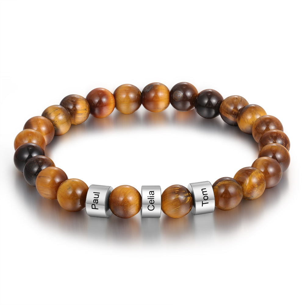 Engraved men’s bracelet with tiger eye beads