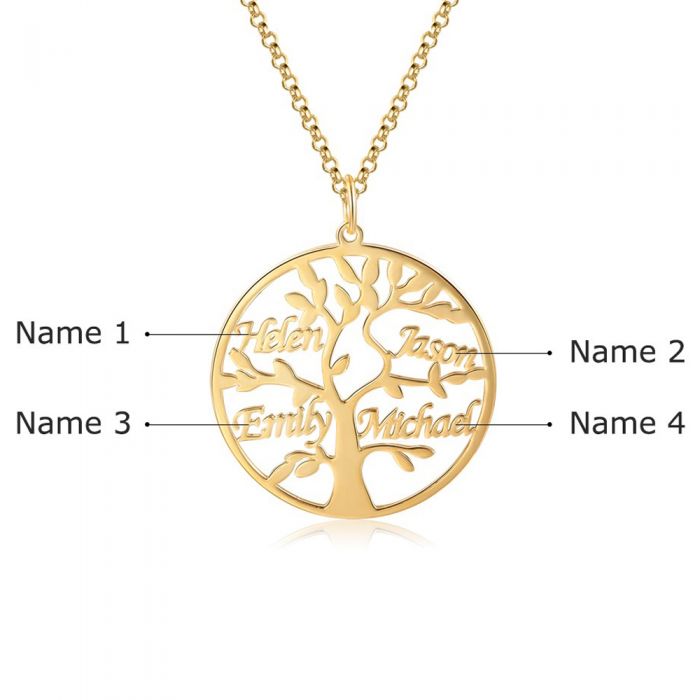 Gold Tree of Life pendant with engraved 4 family names