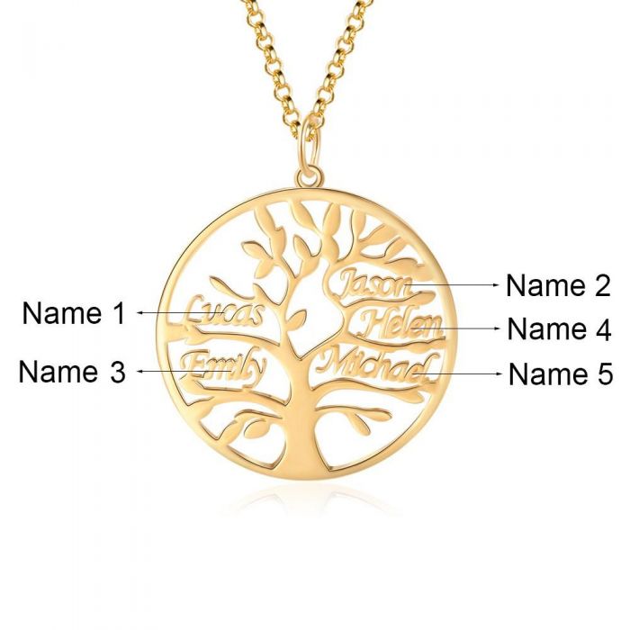 Gold Tree of Life pendant with engraved 5 family names