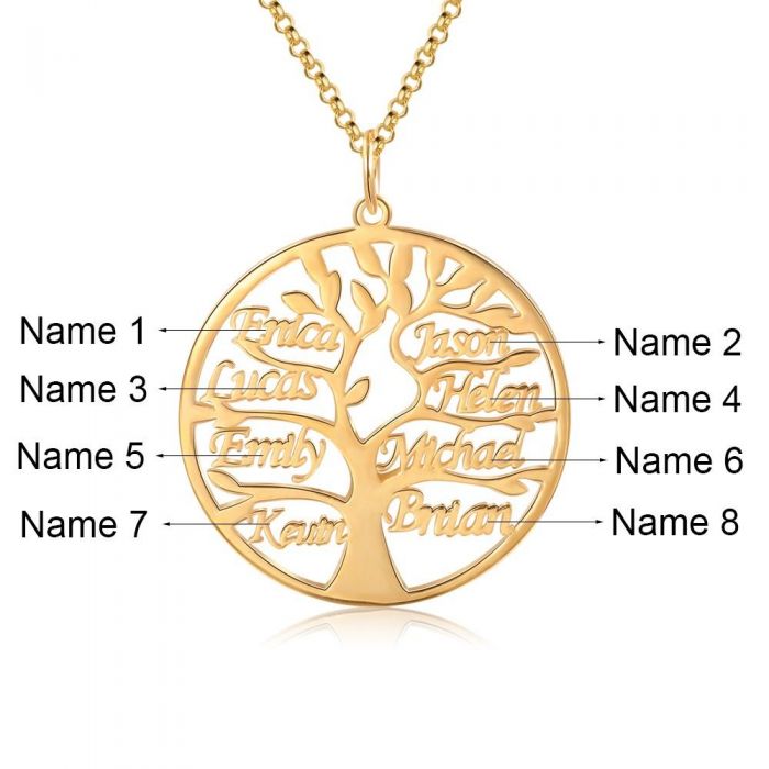 Gold Tree of Life pendant with engraved 8 family names
