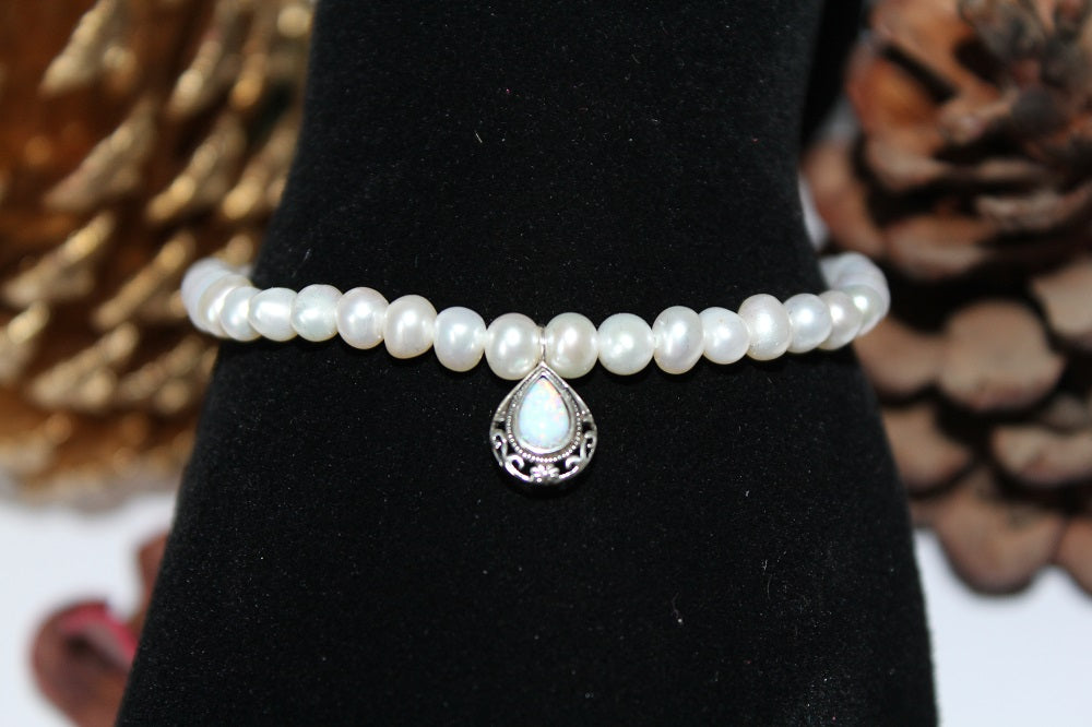 Silver Pear Shape Bracelet With Freshwater Pearls And Opal