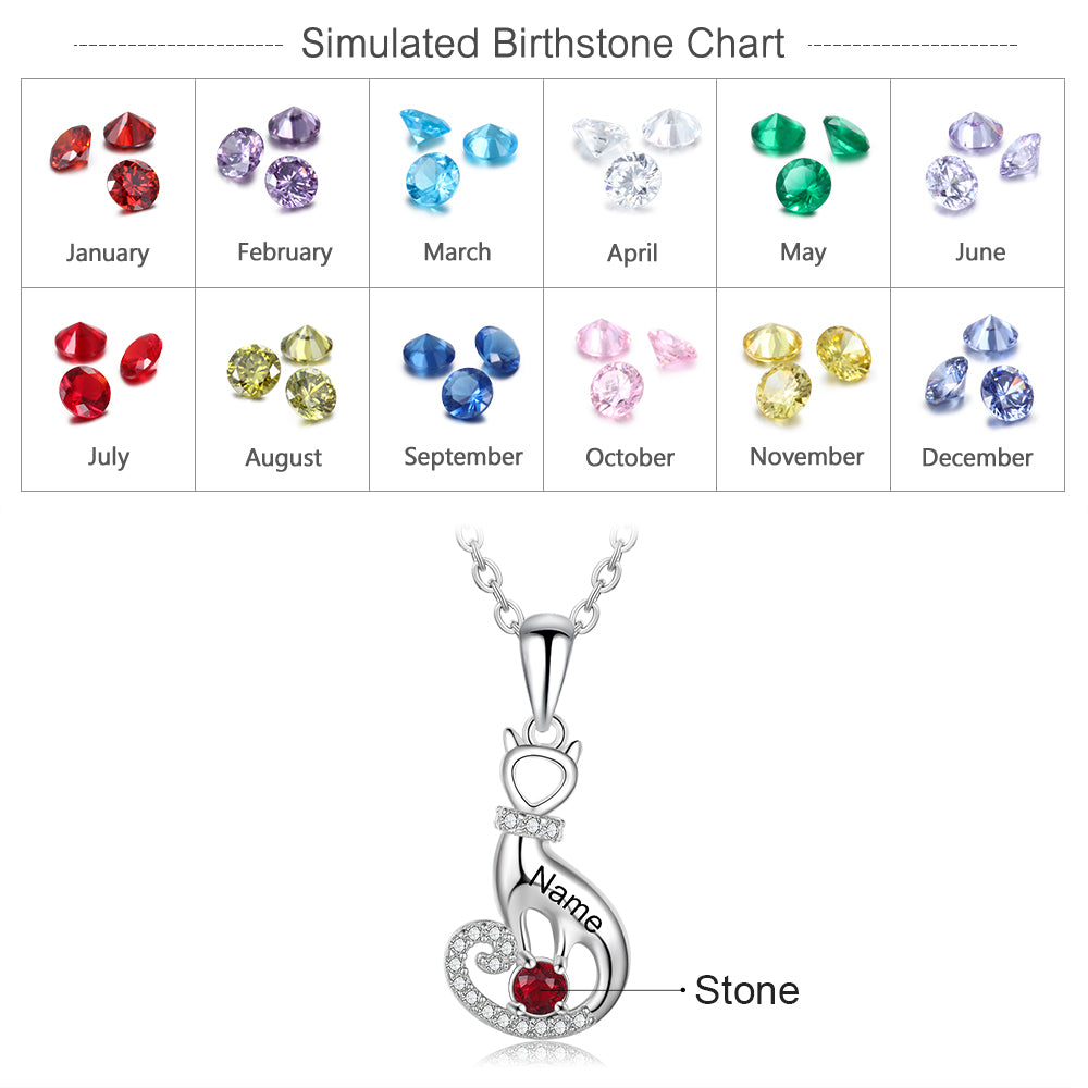 'LOVE MY CAT' Sterling Silver Birthstone Necklace Express your love for your cat by adding your cat's name and birthstone on this beautiful heart-shape silver necklace.  A wonderful gift for cats lovers.