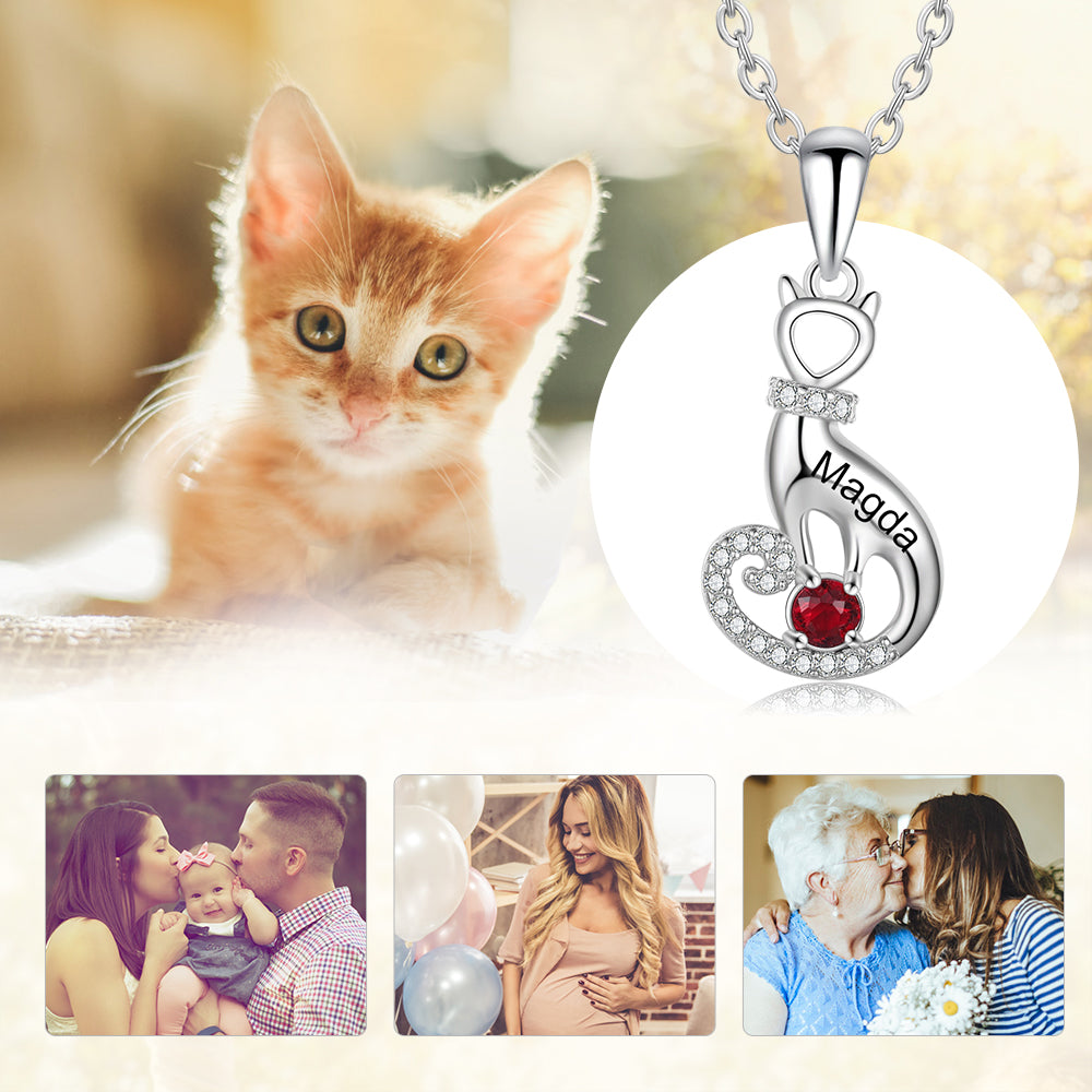 'LOVE MY CAT' Sterling Silver Birthstone Necklace Express your love for your cat by adding your cat's name and birthstone on this beautiful heart-shape silver necklace.  A wonderful gift for cats lovers.