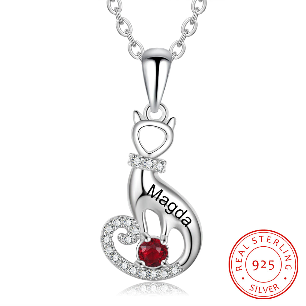 'LOVE MY CAT' Sterling Silver Birthstone Necklace Express your love for your cat by adding your cat's name and birthstone on this beautiful heart-shape silver necklace.  A wonderful gift for cats lovers.