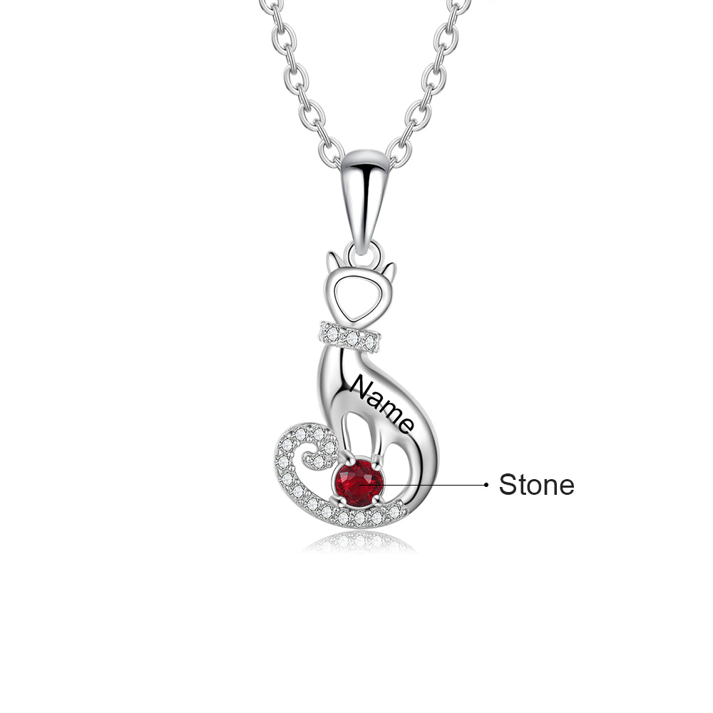 'LOVE MY CAT' Sterling Silver Birthstone Necklace Express your love for your cat by adding your cat's name and birthstone on this beautiful heart-shape silver necklace.  A wonderful gift for cats lovers.