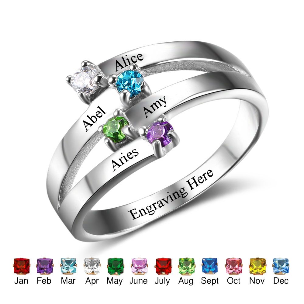 Personalised Birthstone Ring Customised Silver Ring For Her Bespoke Gift Ideas For Woman Engraved Name Ring With Birthstones