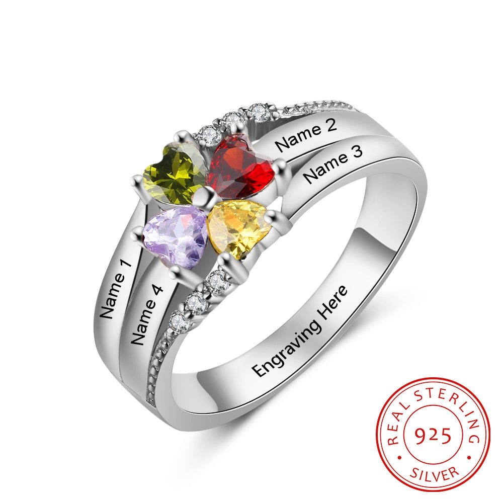 Bespoke Birthstone Ring | Personalised Birthstone Ring With Engraved Names | Customised Silver Ring for Women