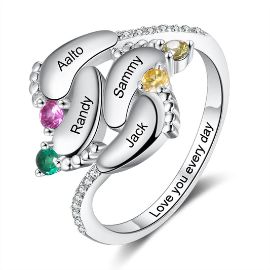 Personalised Baby Feet Ring | Customised Birthstone Ring With Engraved Names | Personalised Gift Ideas For Mom