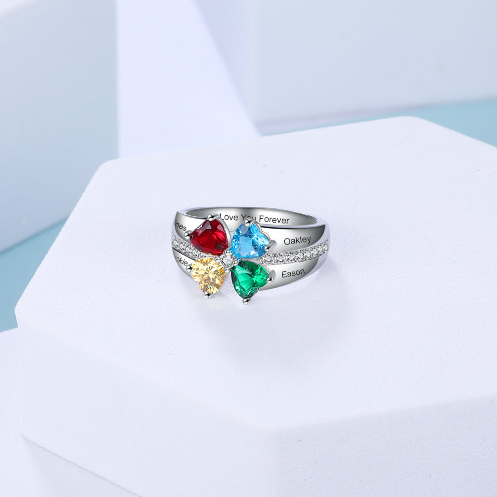 Personalised Birthstone Ring | Bespoke Engraved Silver Ring For Women | Customised Gift For Mom