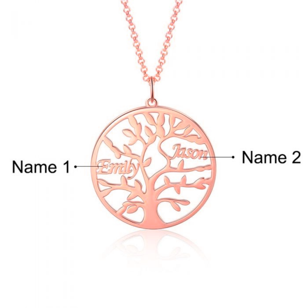 Rose Gold Tree of Life pendant with engraved 2 family names