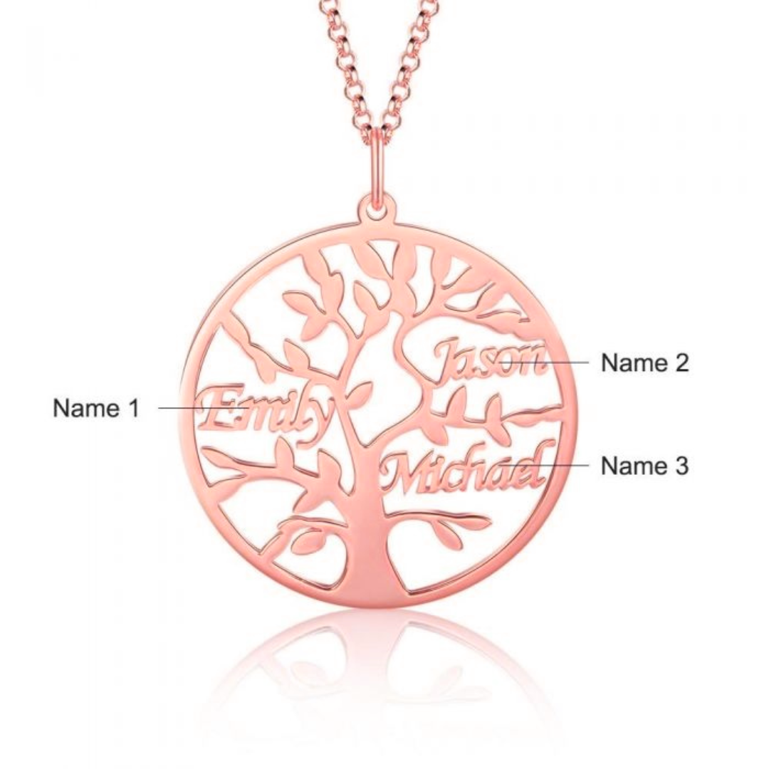 Rose Gold Tree of Life pendant with engraved 3 family names