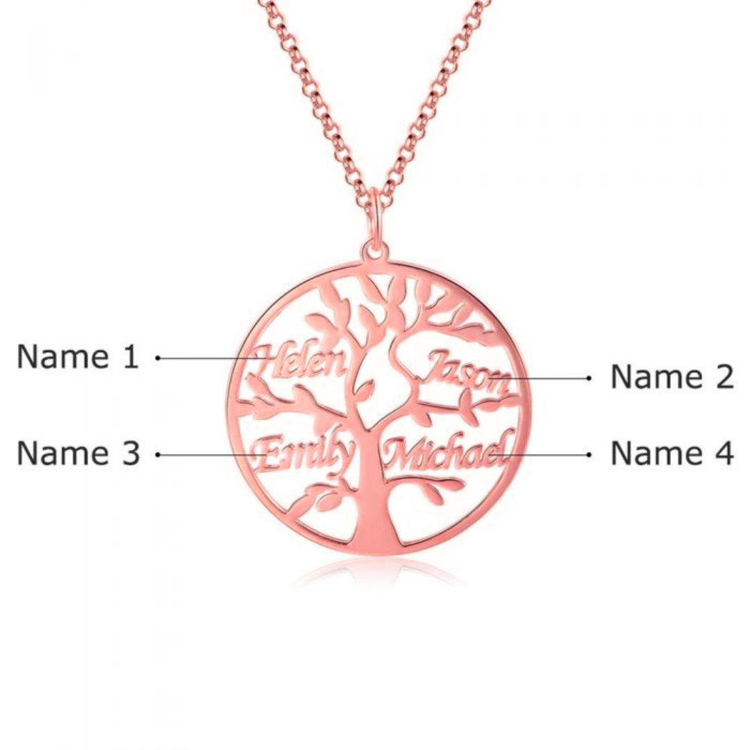 Rose Gold Tree of Life pendant with engraved 4 family names