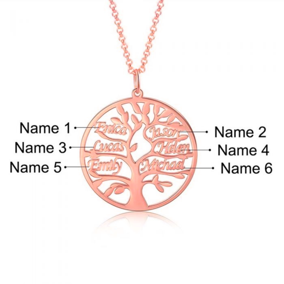 Rose Gold Tree of Life pendant with engraved 6 family names