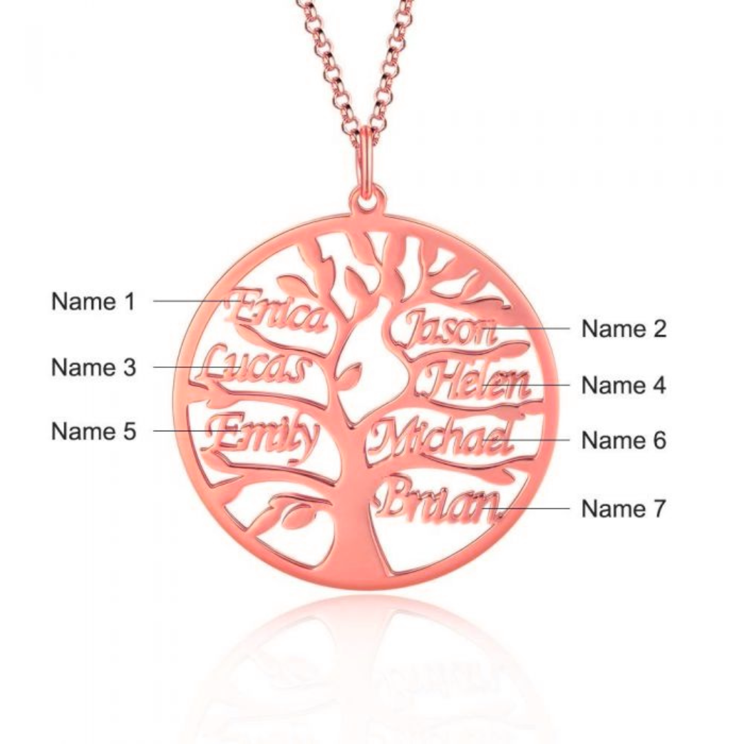 Rose Gold Tree of Life pendant with engraved 7 family names